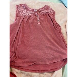 Lucky Brand Womens XL Red Embroidered Henley Tank Top Sleeveless Slub Cotton XL